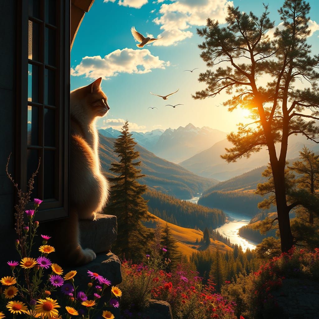 Majestic Castle Window Frames Regal Cat in Serene Landscape
