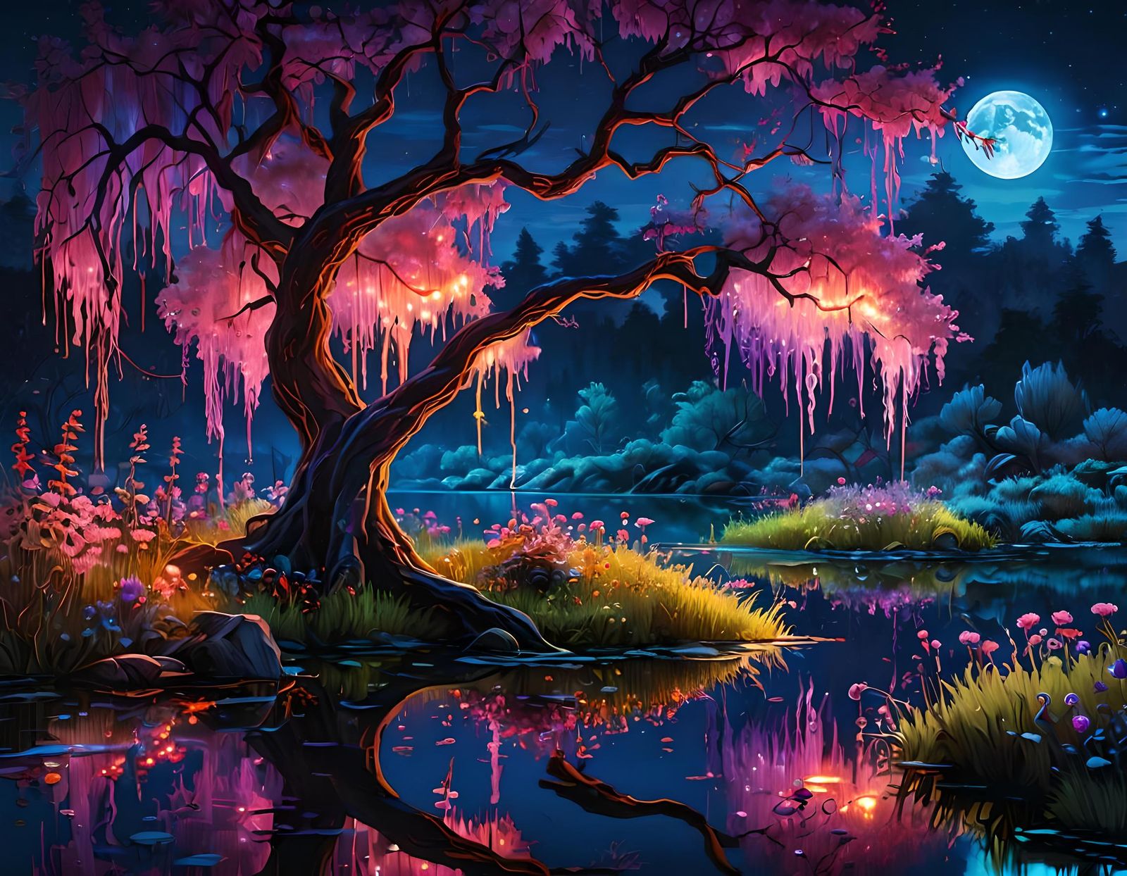 Neon Fantasy Landscape with Glowing Flora in Oil