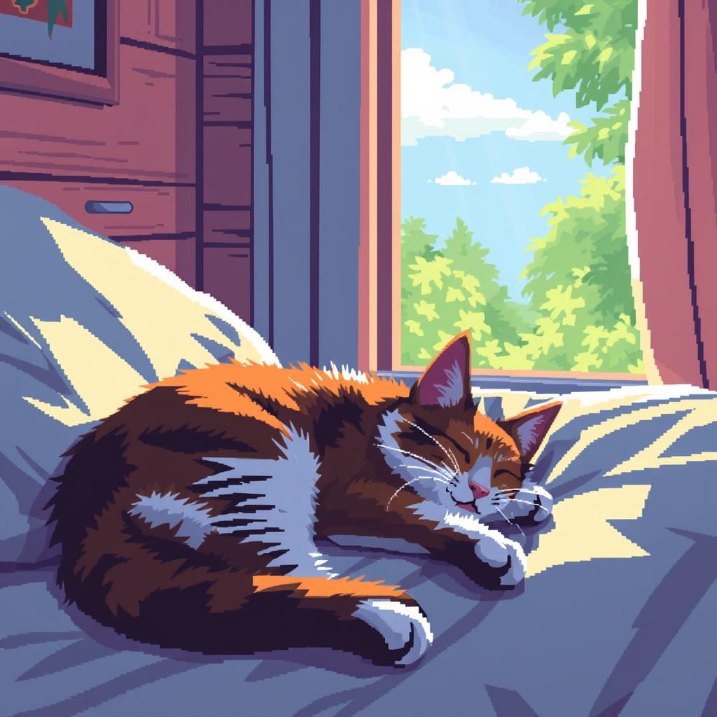 Pixel Art Cat Basks in Summer Sunlight
