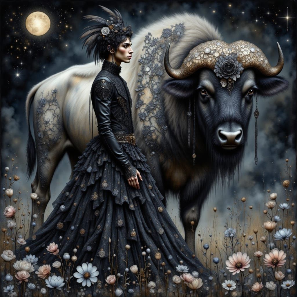 Goth Man in Rococo Gown with Buffalo Spirit Animal