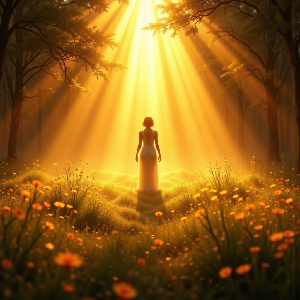 Solitary Figure in Sun-Drenched Meadow with Dramatic Light