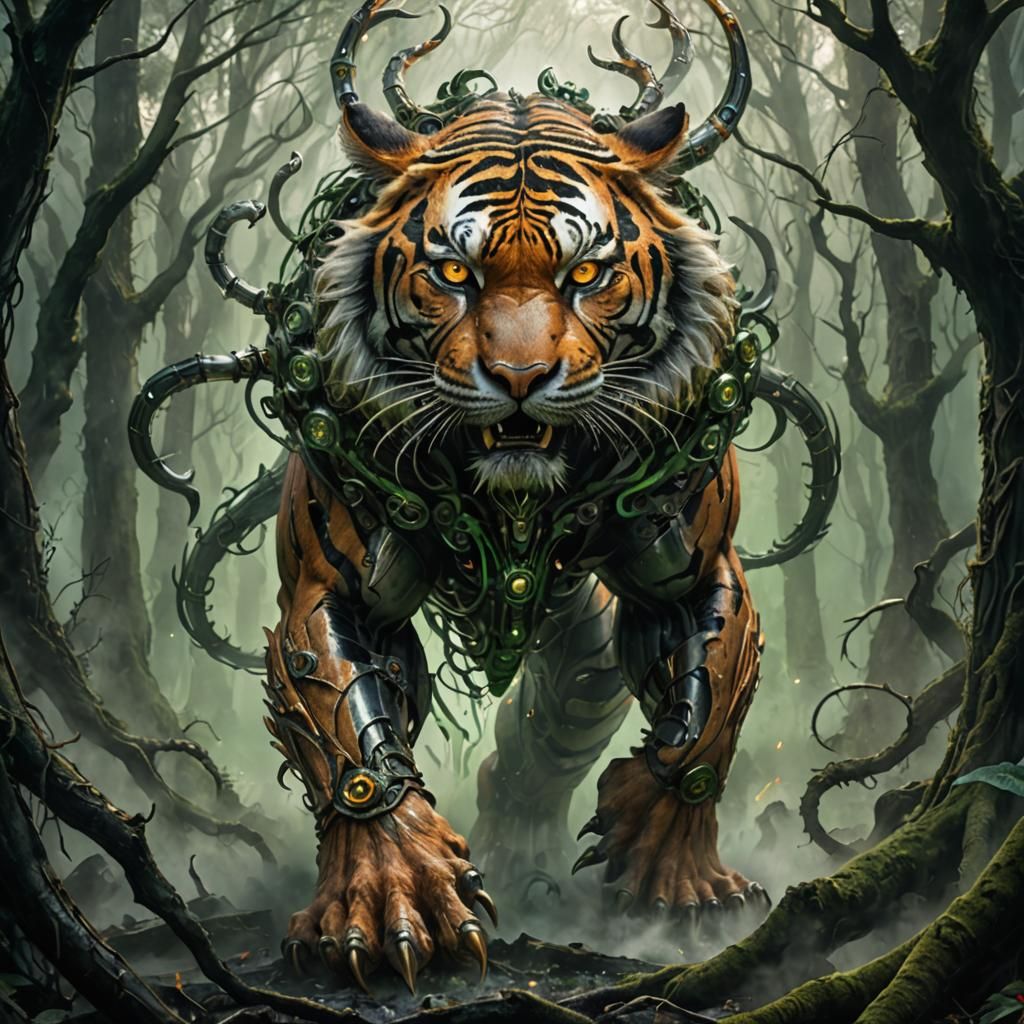 Biomechanical Cyborg Tiger in Primeval Woods
