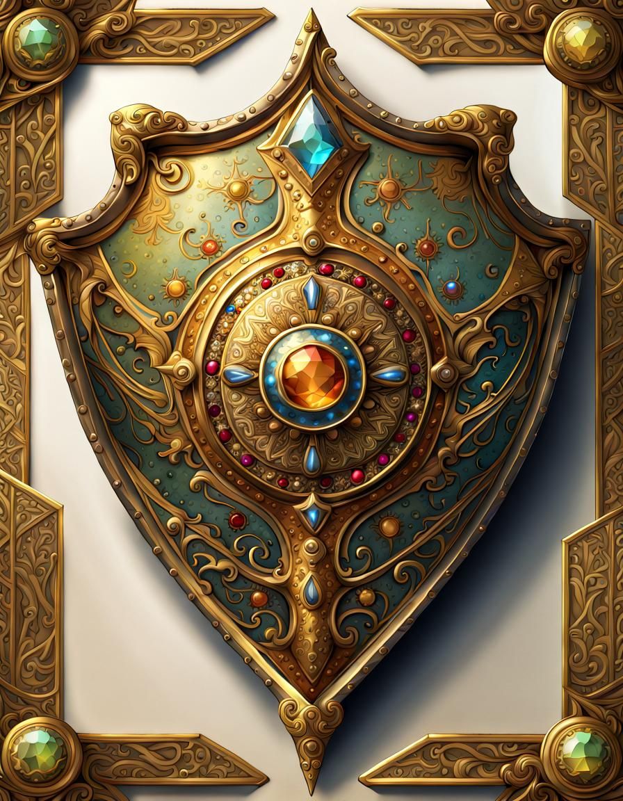 Gold Jeweled Shield in Book Illustration Style
