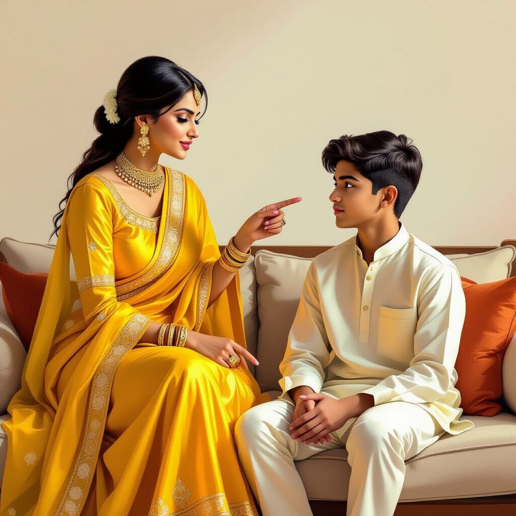 Indian Woman in Yellow Salwar Kameez Lecturing Nephew