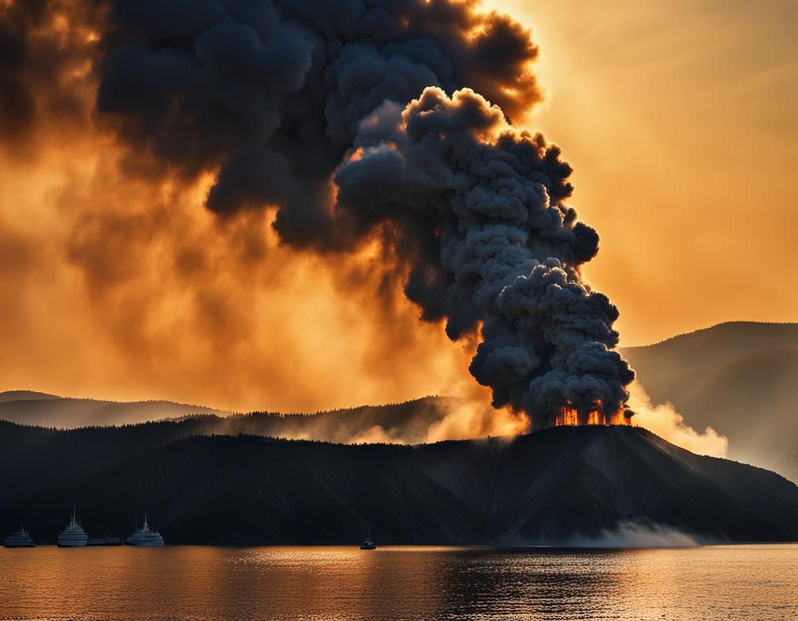 Volcanic Eruption at Golden Hour with Smoke Boat