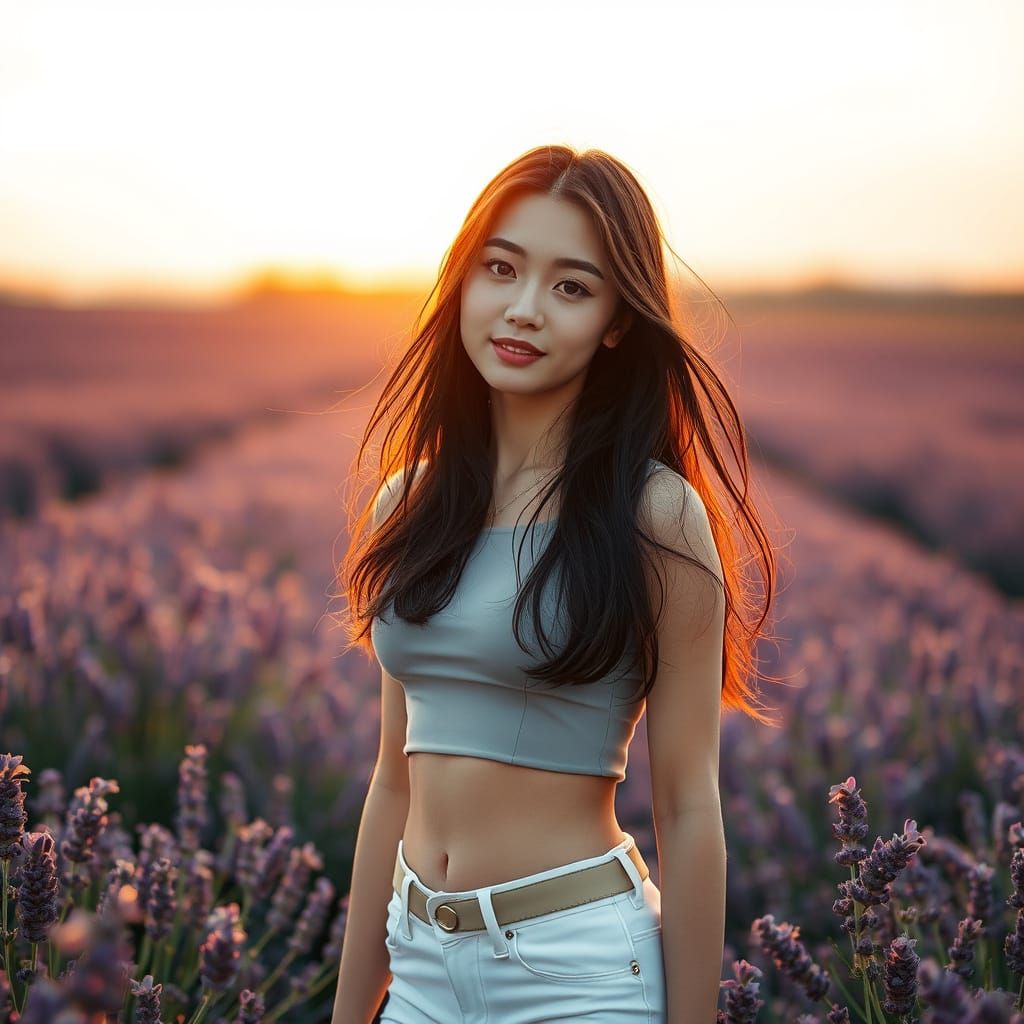 Serene Japanese Woman in Lavender Field at Sunset