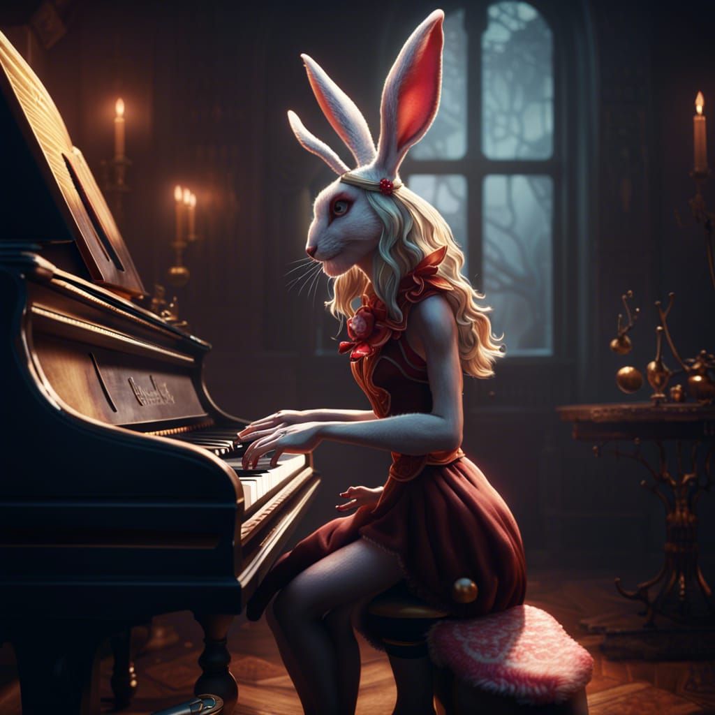 Anthro Rabbit Girl Plays Piano, Dark Fantasy Concept Art