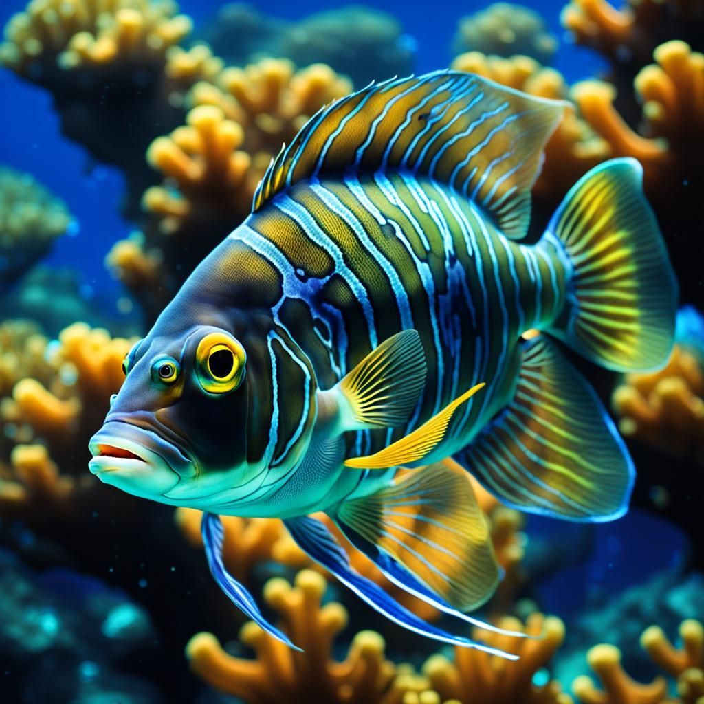 A beautiful fish with a transparent body and bioluminescent ...
