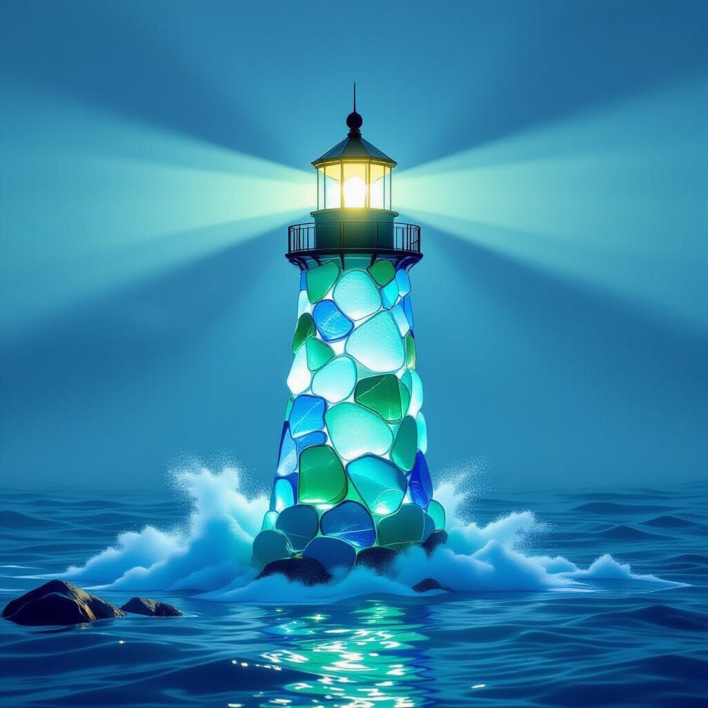 Sea Glass Lighthouse Shines Through Misty Ocean Spray