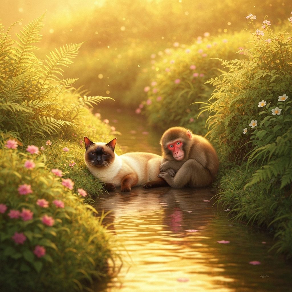 Siamese Cat & Macaque Nap by Japanese Creek