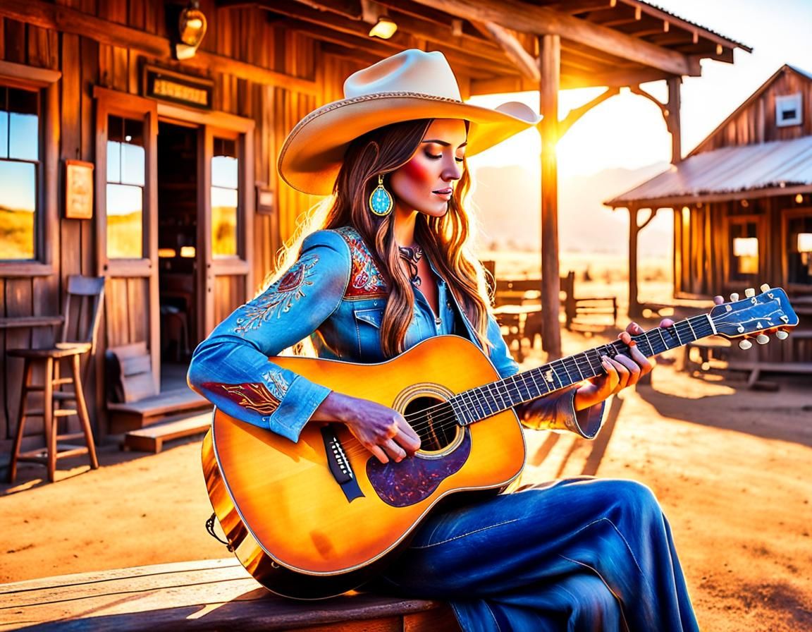 Cowgirl Guitarist in Western Americana Oil Painting
