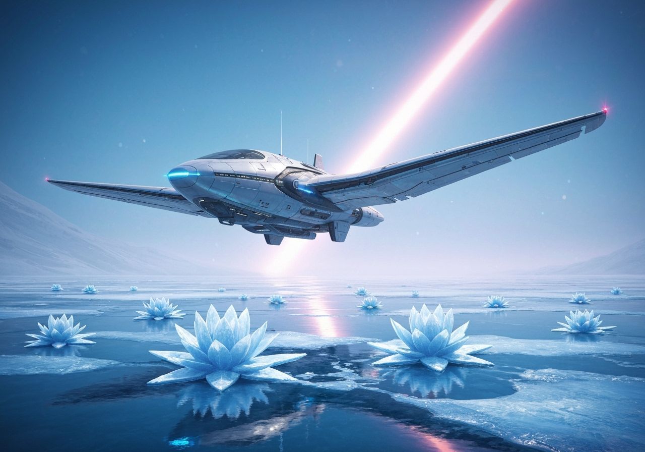 Sleek Starship Hovers Above Frozen Lake, Sci-Fi Fantasy