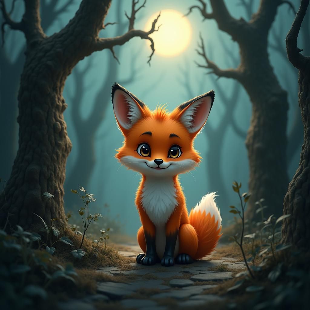 Adorable Fox in Eerie Forest: Surrealist Illustration