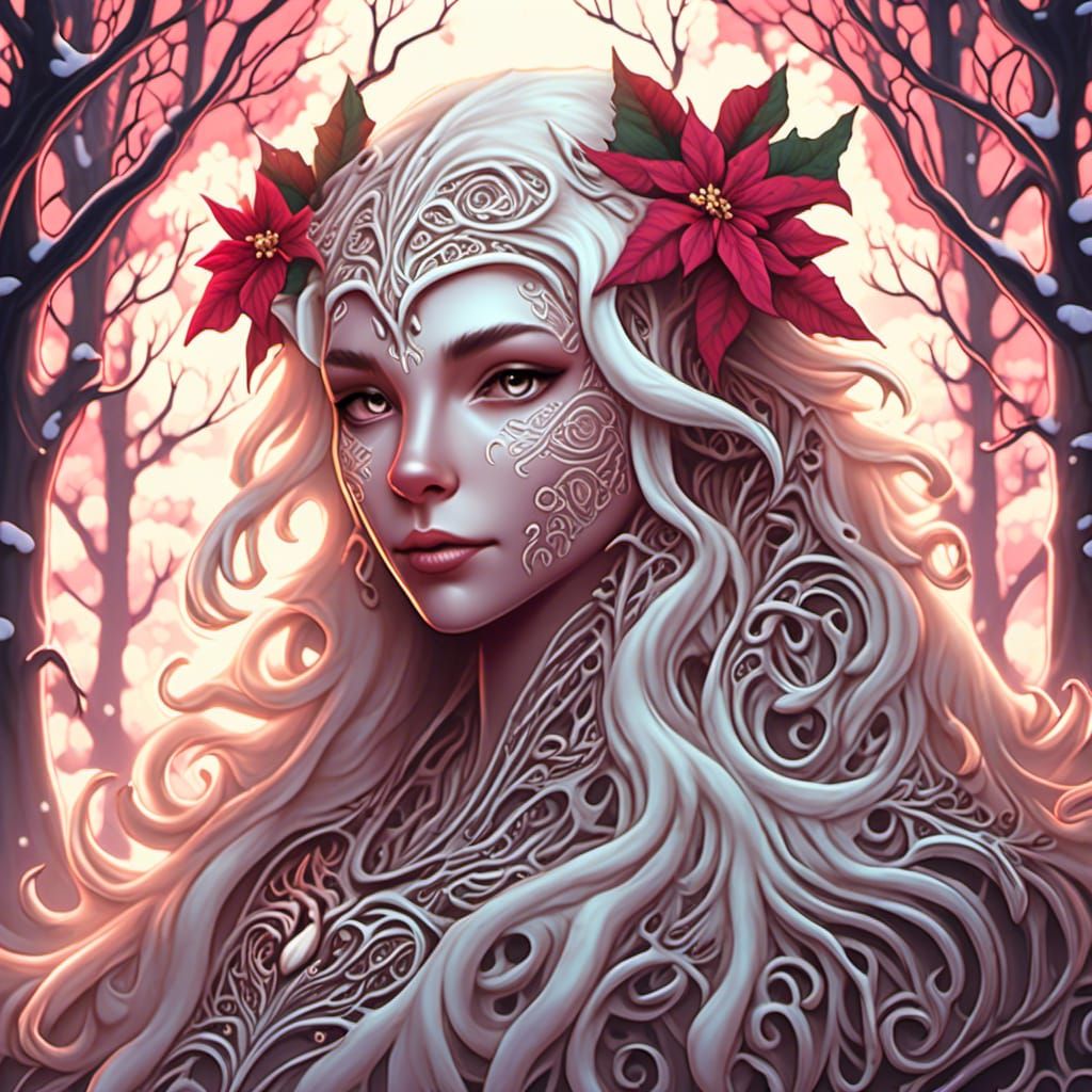 Elven Druid in Backlit Fractal Christmas Forest