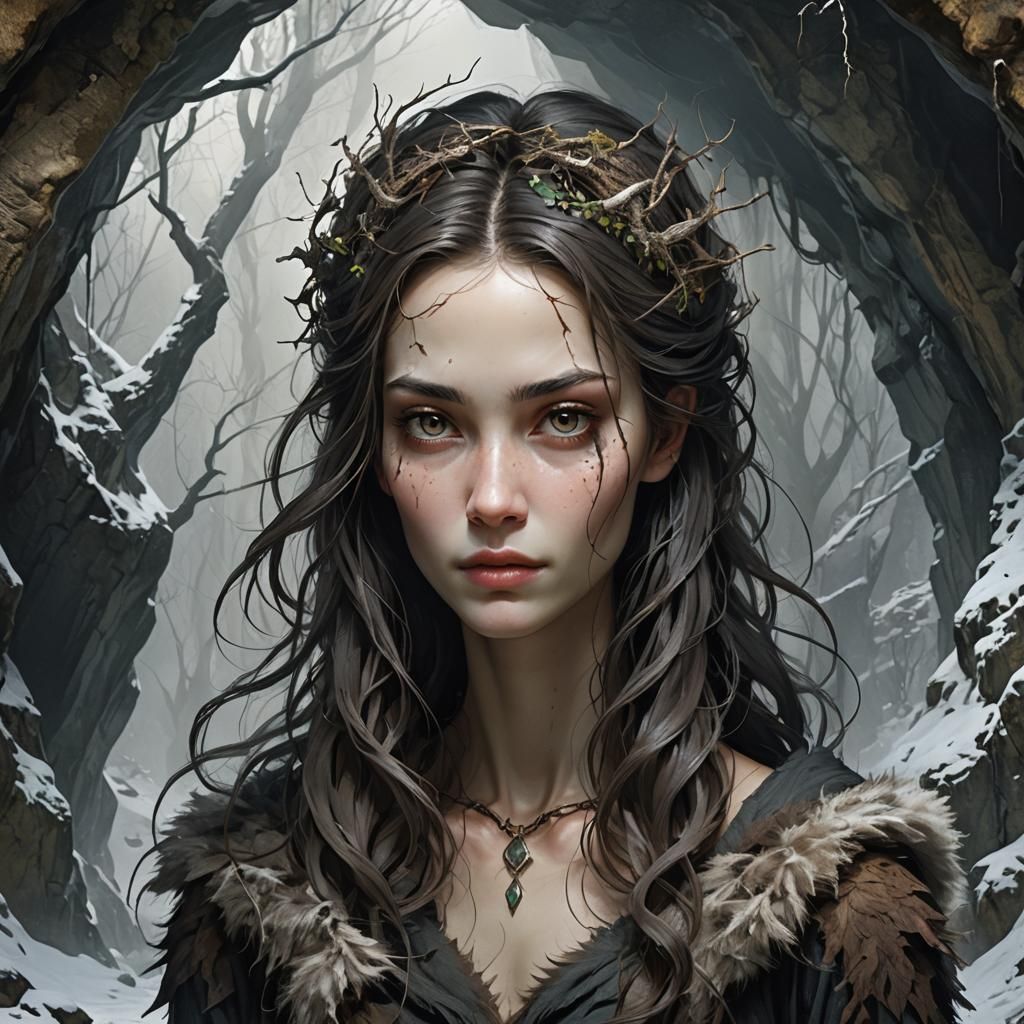 Wild Forest Woman in Cave: Hyperrealistic Portrait
