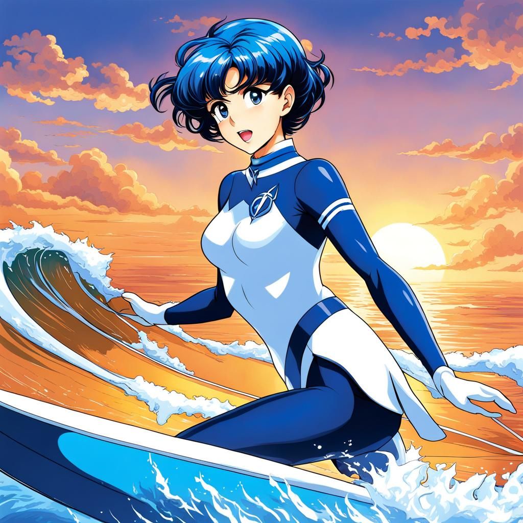 Sailor Mercury Surfing in Anime Style