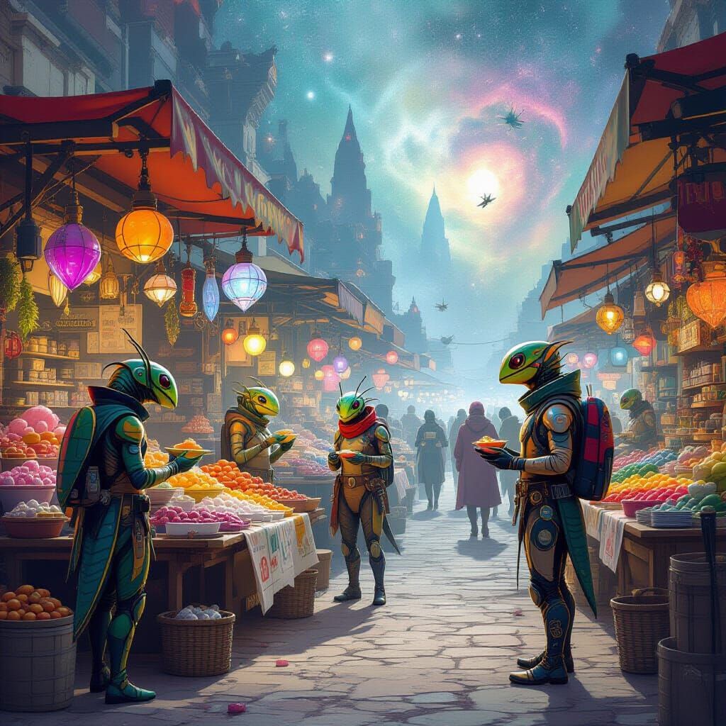 Bustling Alien Market with Intergalactic Shoppers