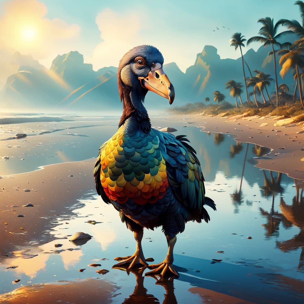 Dodo Bird on Beach with Prism Reflections as Oil Painting