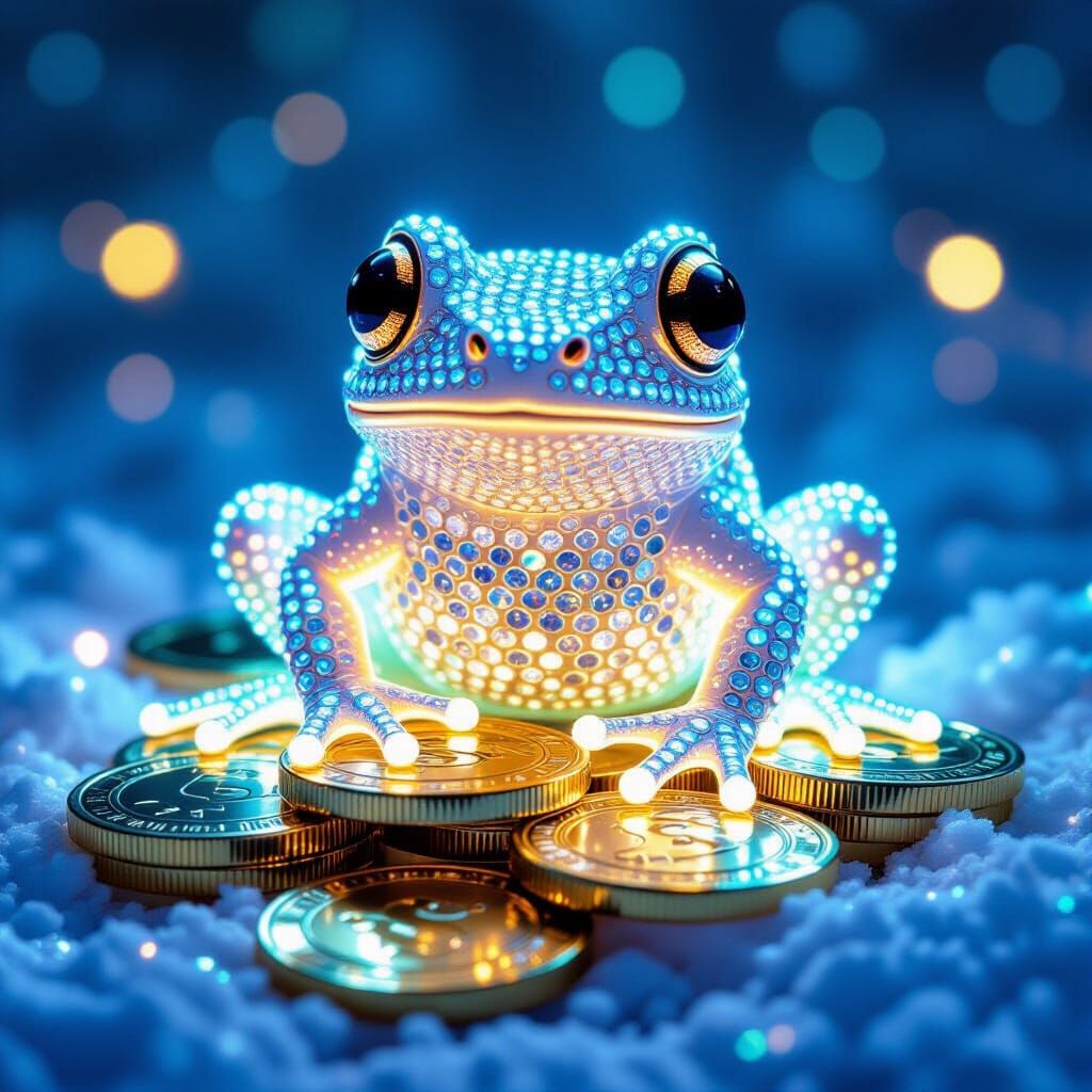 Glowing Diamond Frog on Gold Coins, Fantasy Art