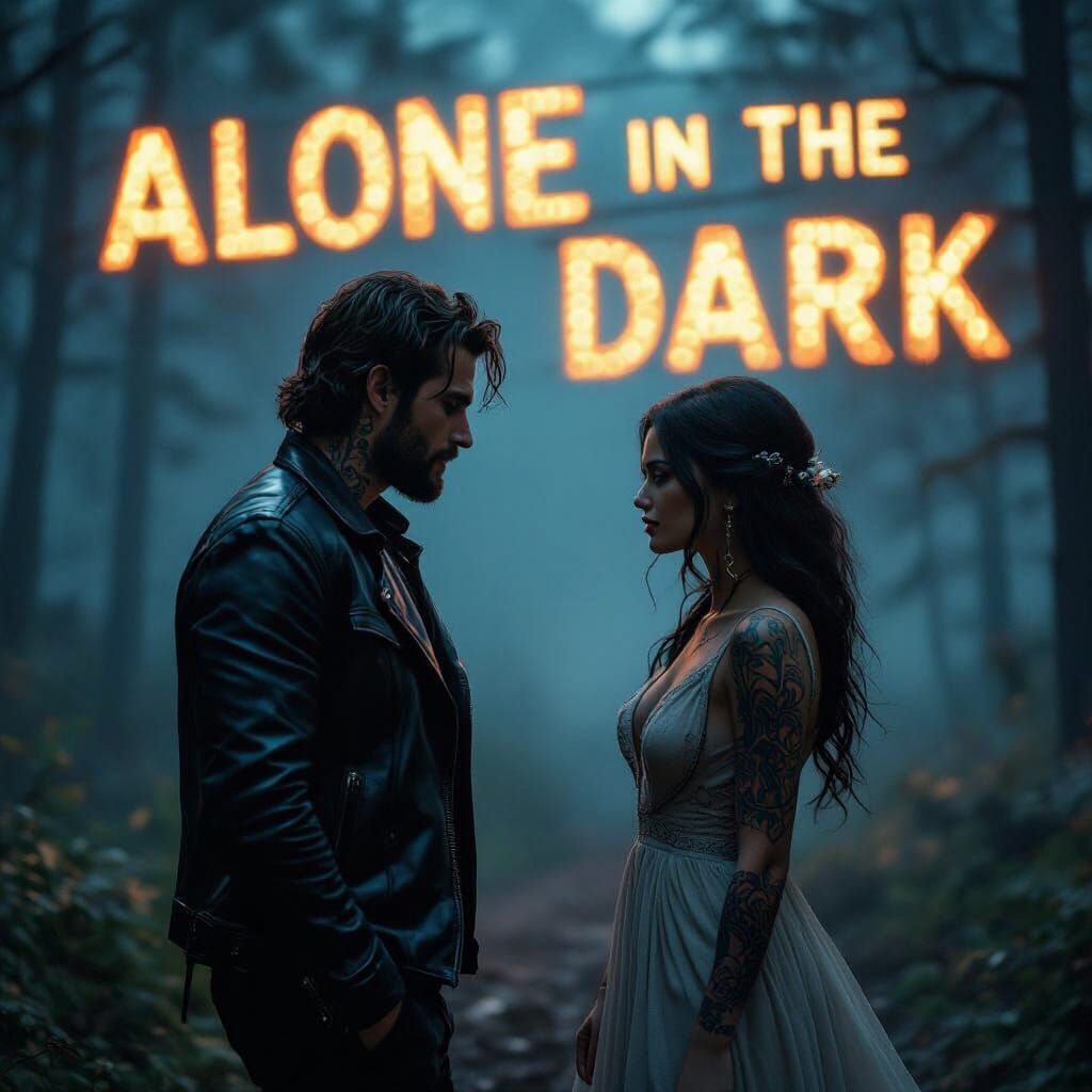 Tattooed Lovers Flirting in Misty Forest Film Still