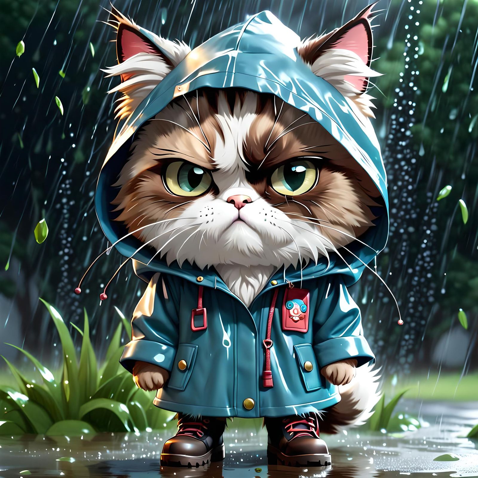 Grumpy Chibi Cat in Raincoat in Pouring Rain