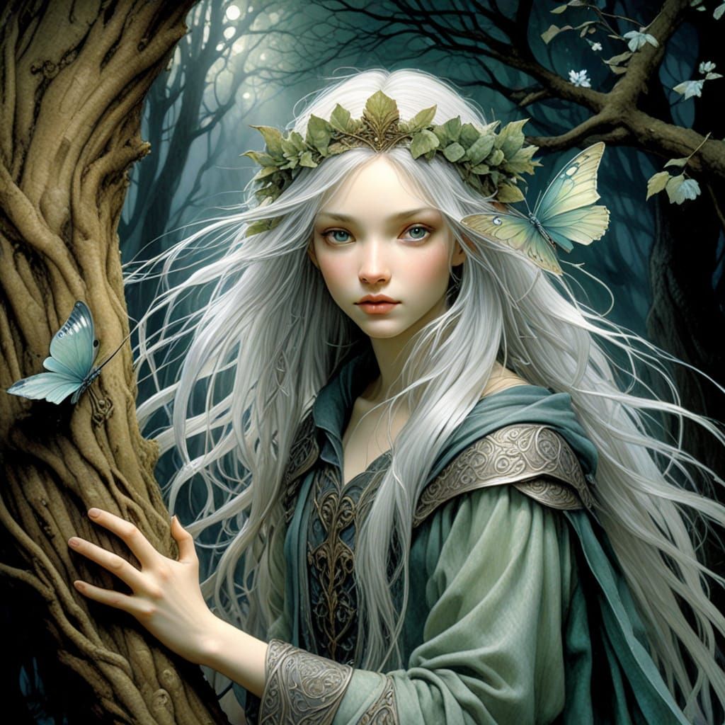 Ethereal Elven Shield Against Ancient Tree Trunk