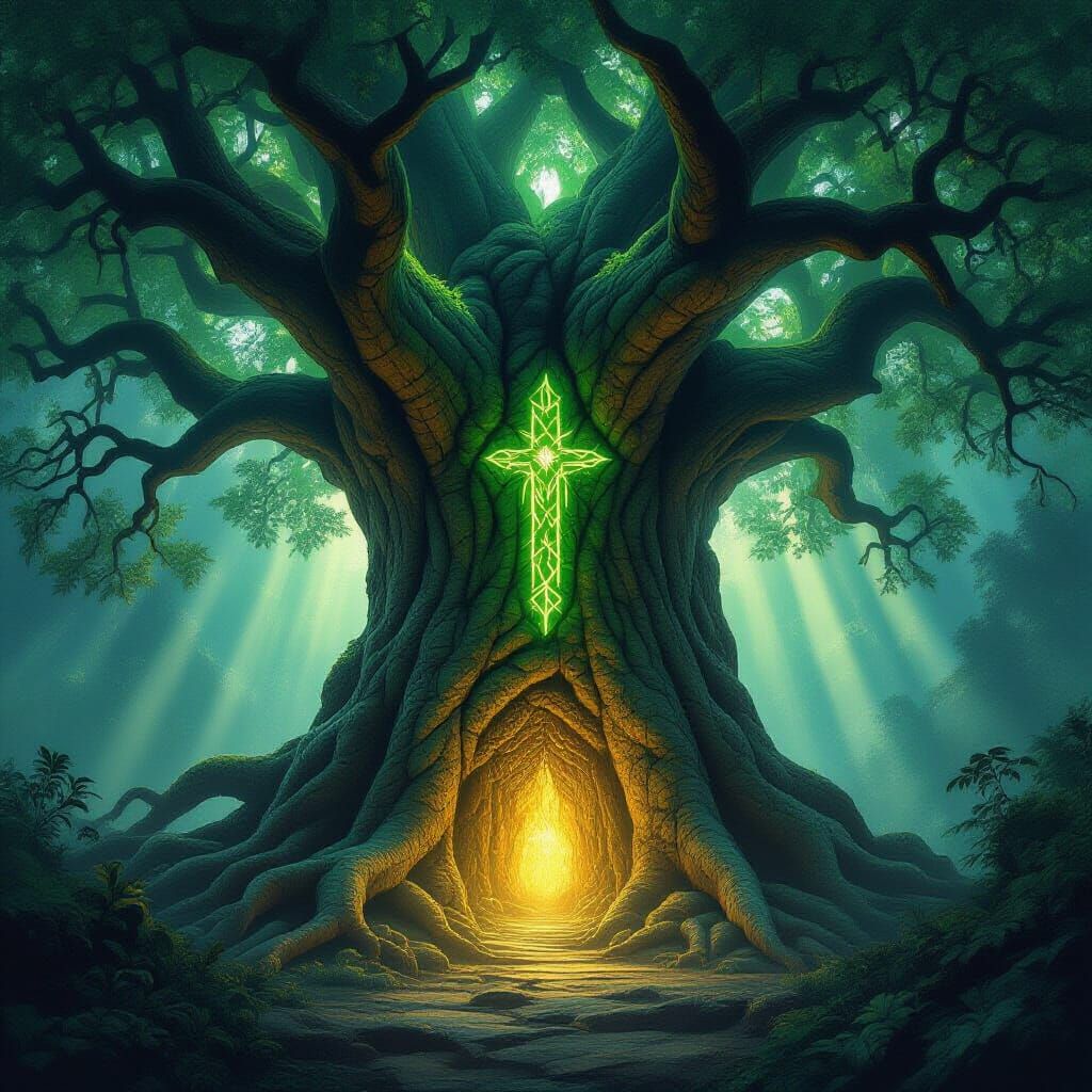 Ancient Tree Sanctuary with Glowing Runes and Ethereal Light