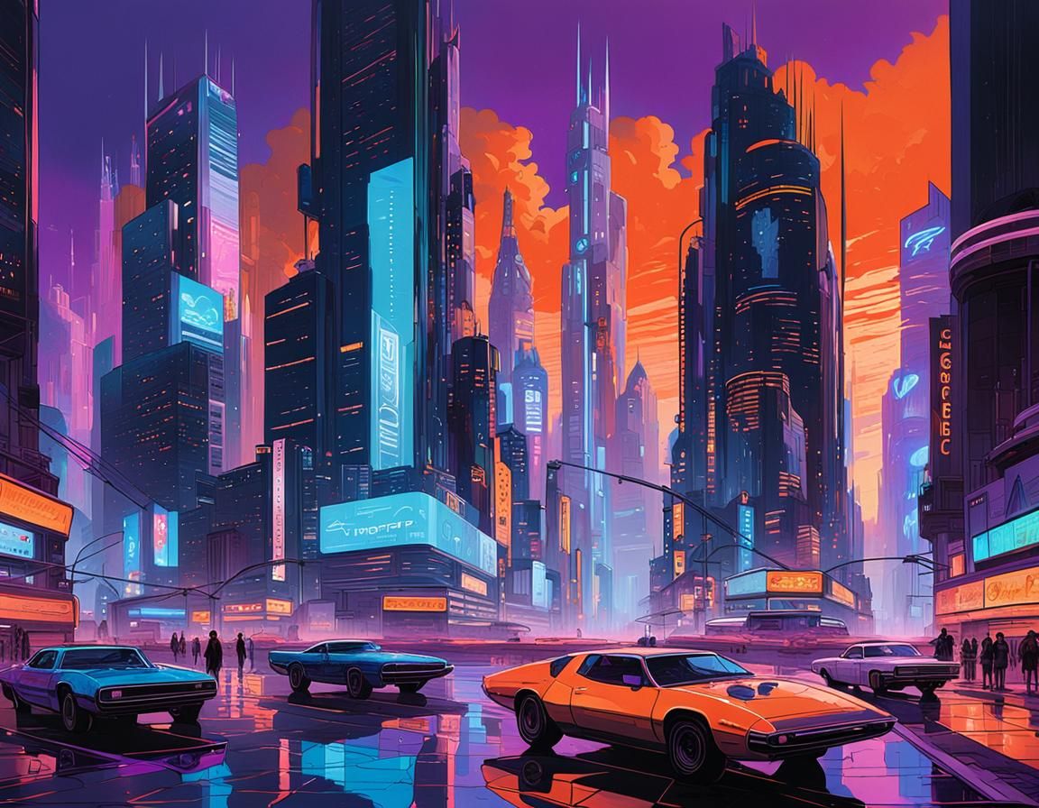 Cyberpunk Cityscape at Sunset with Neon Lights