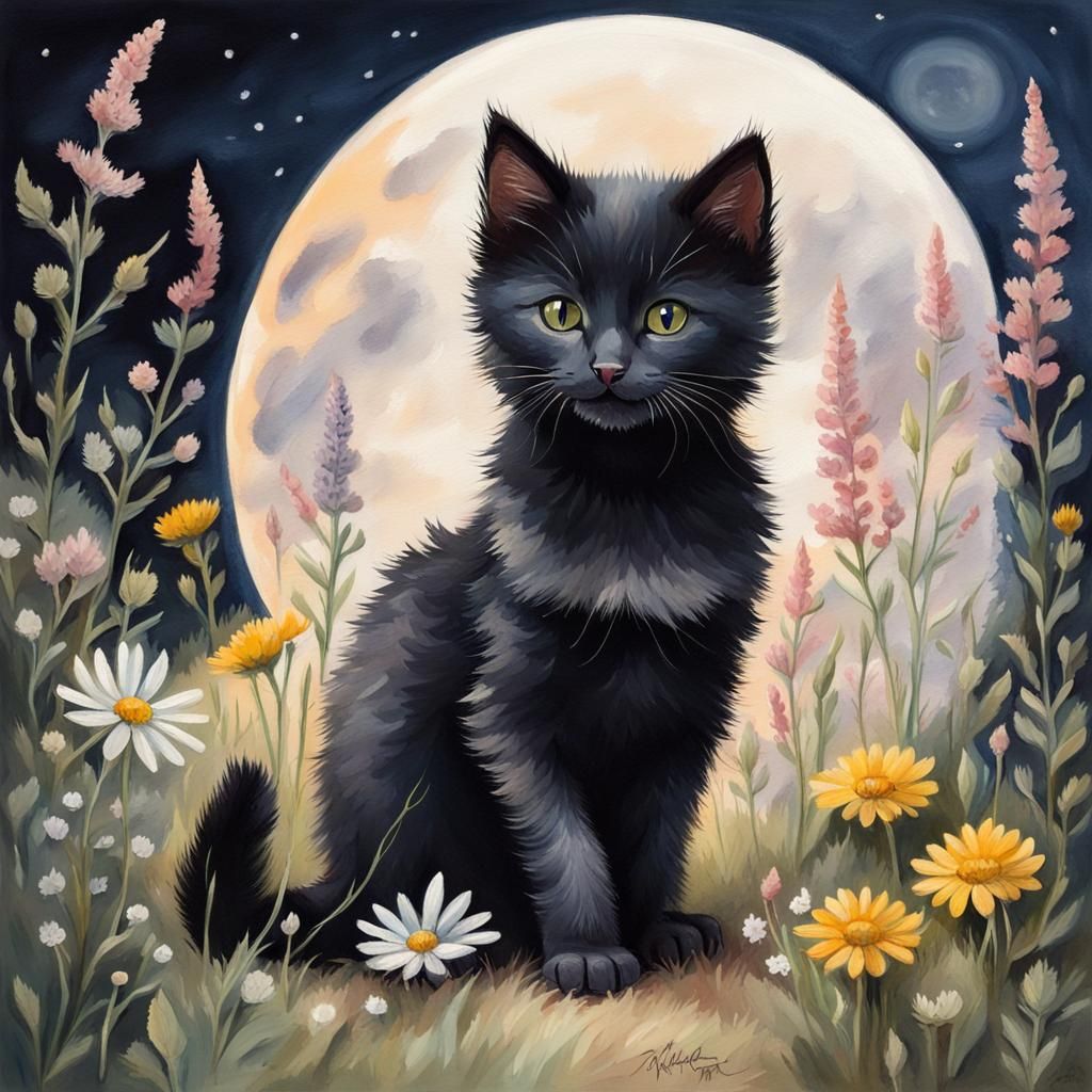 Fluffy Kitten Under Moonlight: A Gouache Painting