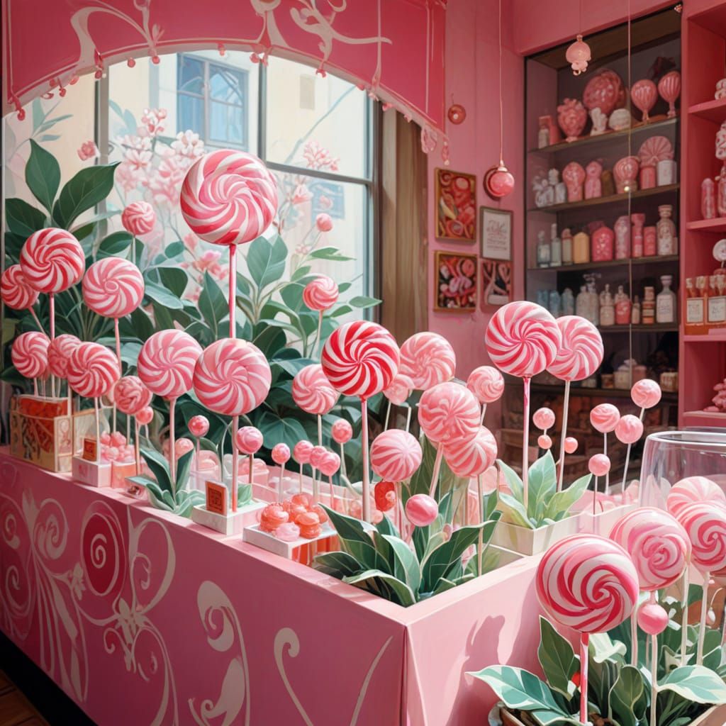 Pastel Pink Candy Shop in Art Nouveau Style