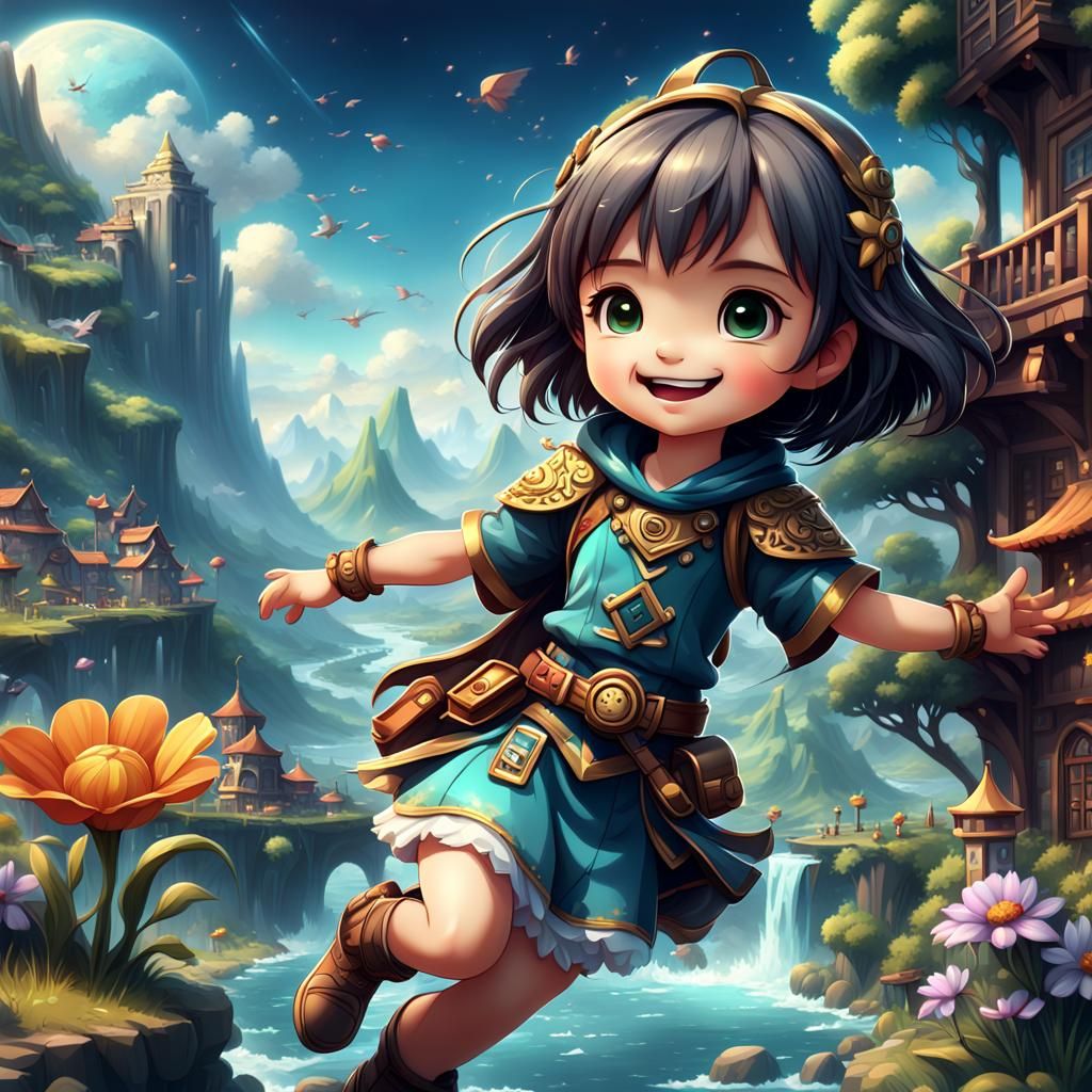 Detailed Chibi Character with Breathtaking Views