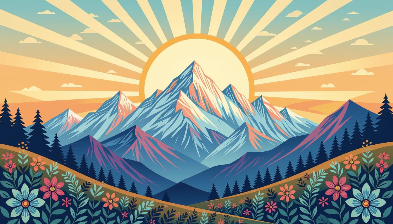 Zentangle Sunrise Over Majestic Mountains