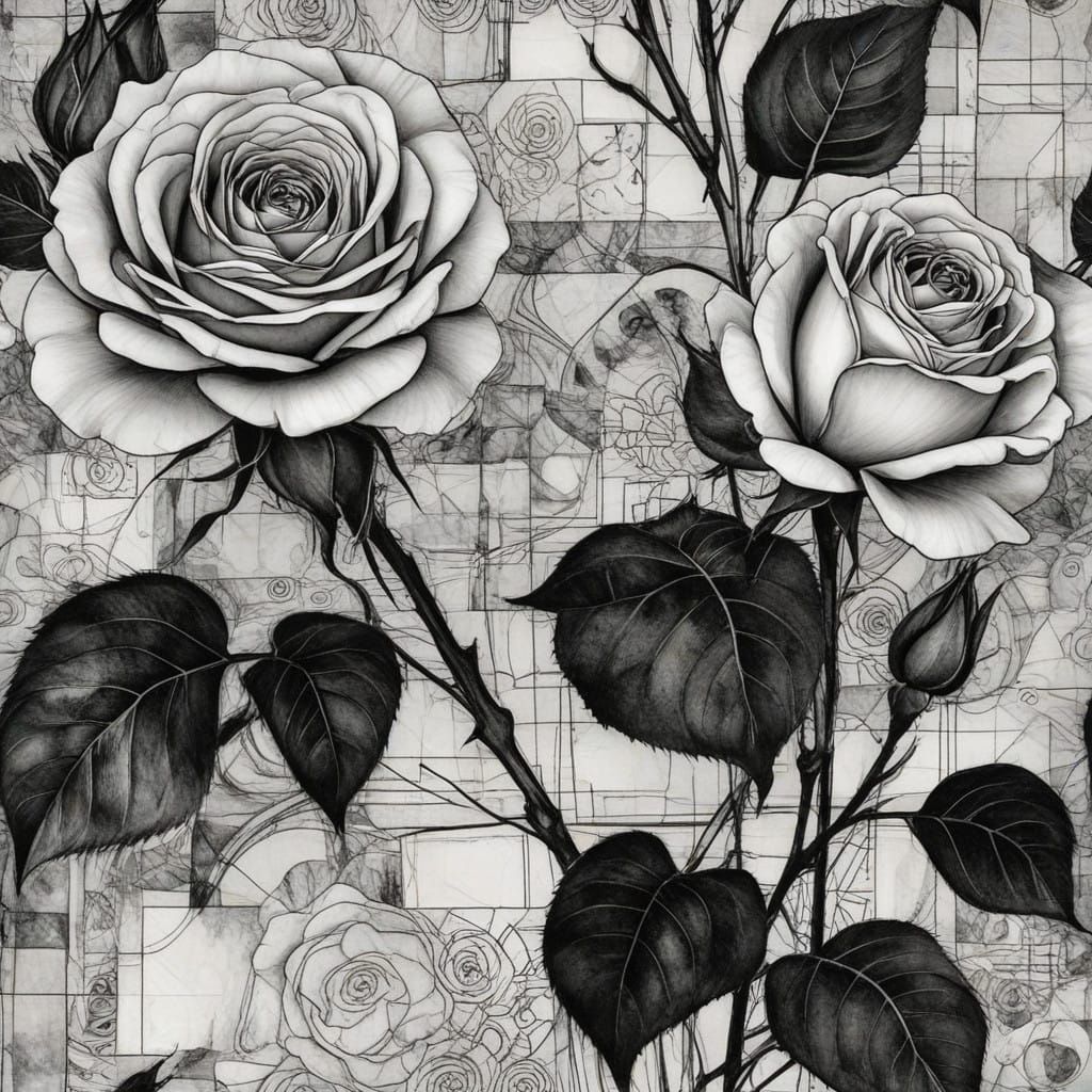 Ethereal Black and White Roses in Expressionist Style