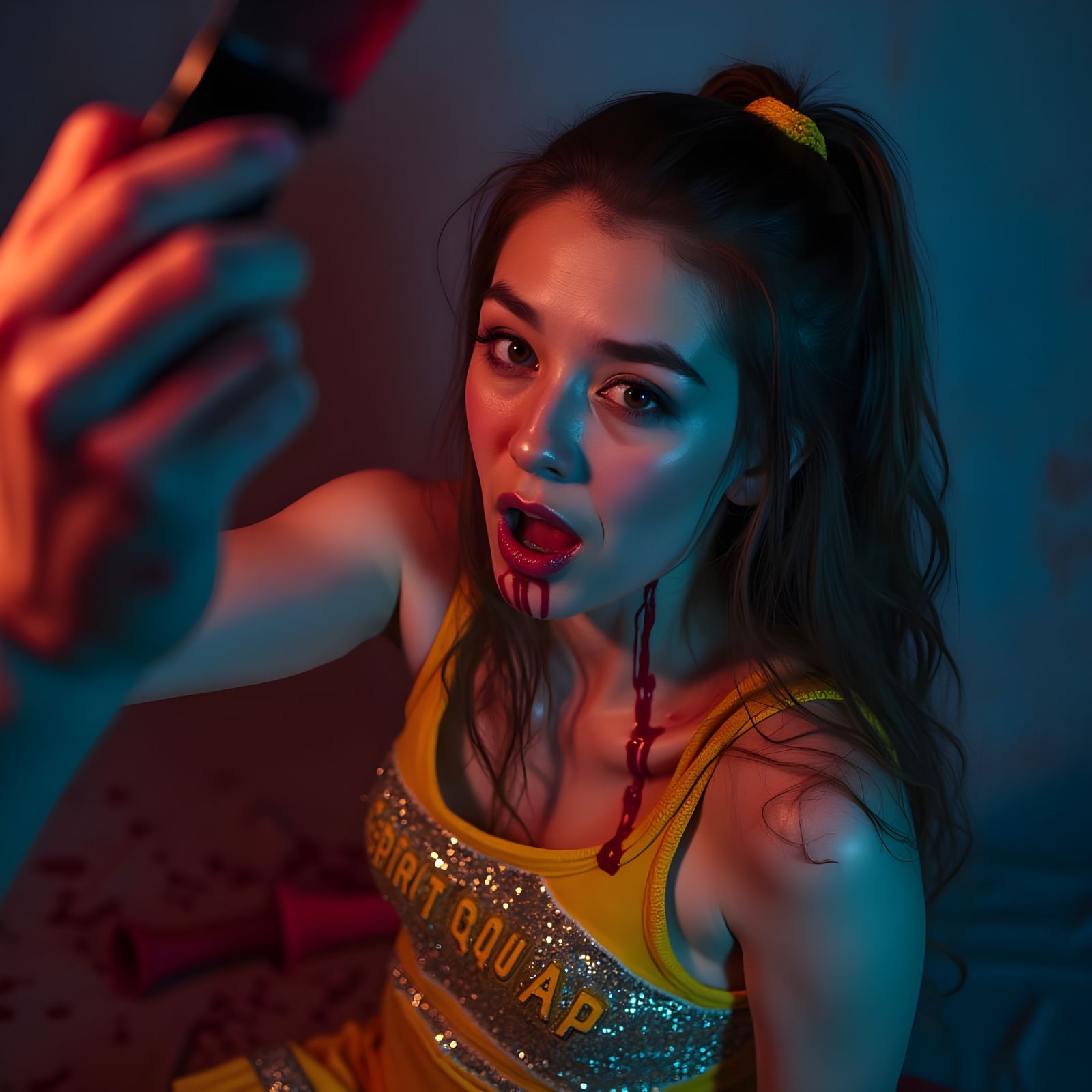 Hyperrealistic Cheerleader in Mid-Terror, Bloody Knife in Ha...