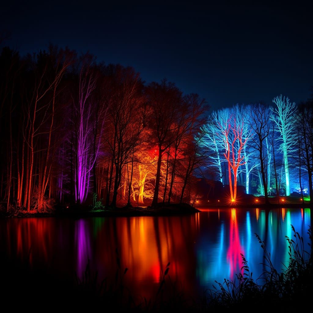 Vibrant Forest at Night with Dramatic Spotlight Illumination