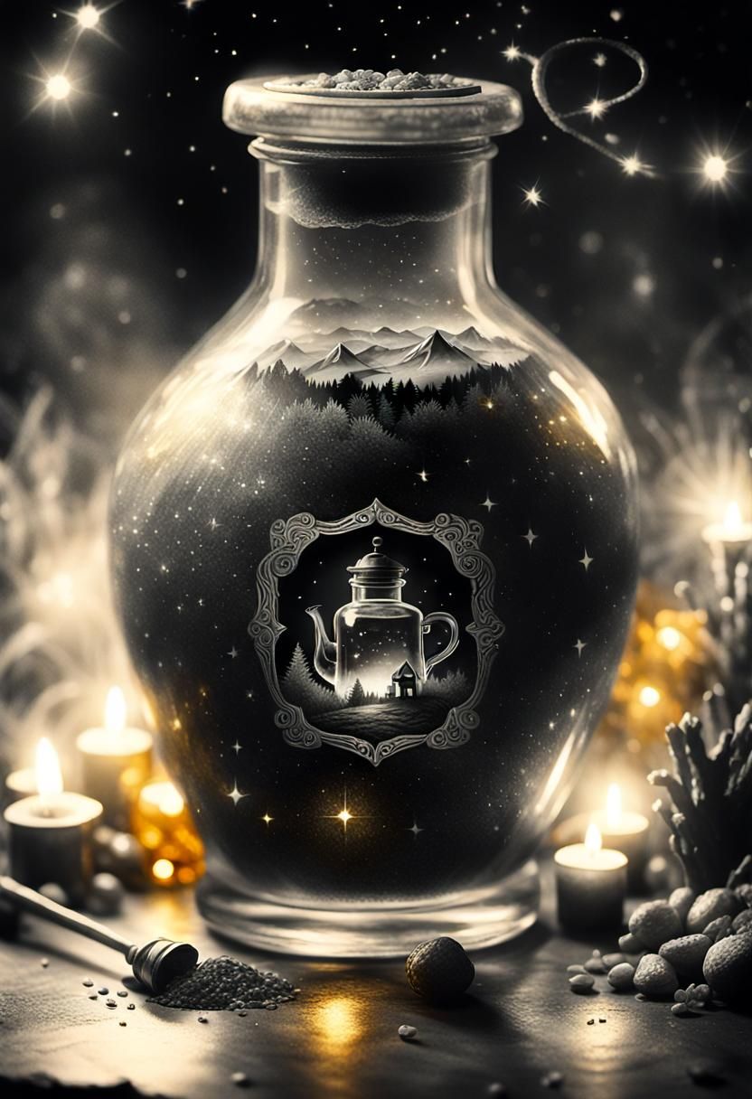 Enchanted Potion in Black and White Charcoal Drawing