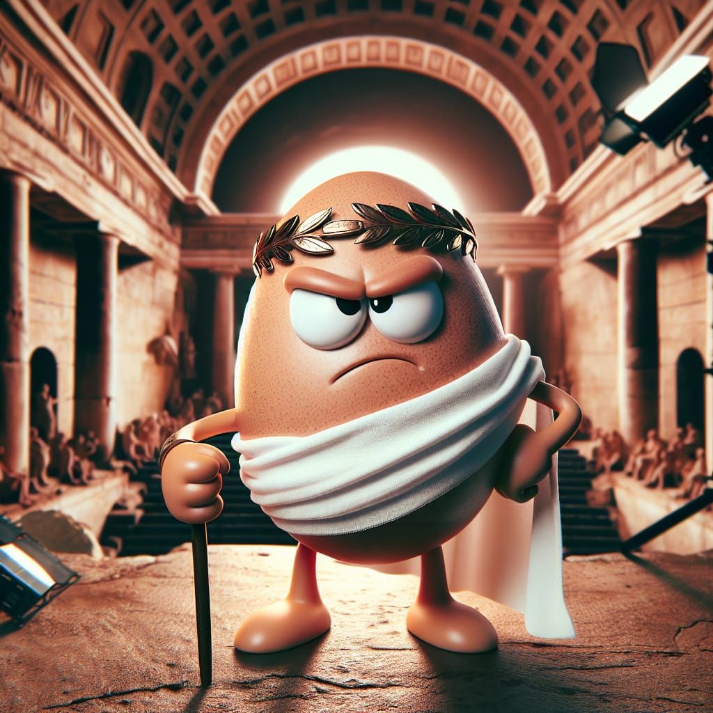 Anthropomorphic Egg as Roman Emperor, Cinematic Still
