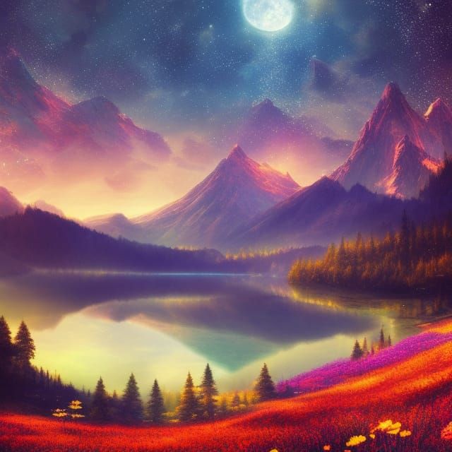 Crystal Lake: Moonlit Mountain in Golden Light