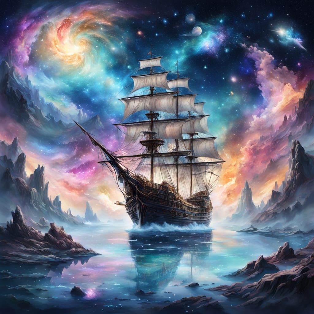 Ethereal Galleon Sailing Through Nebula in Splatter Art