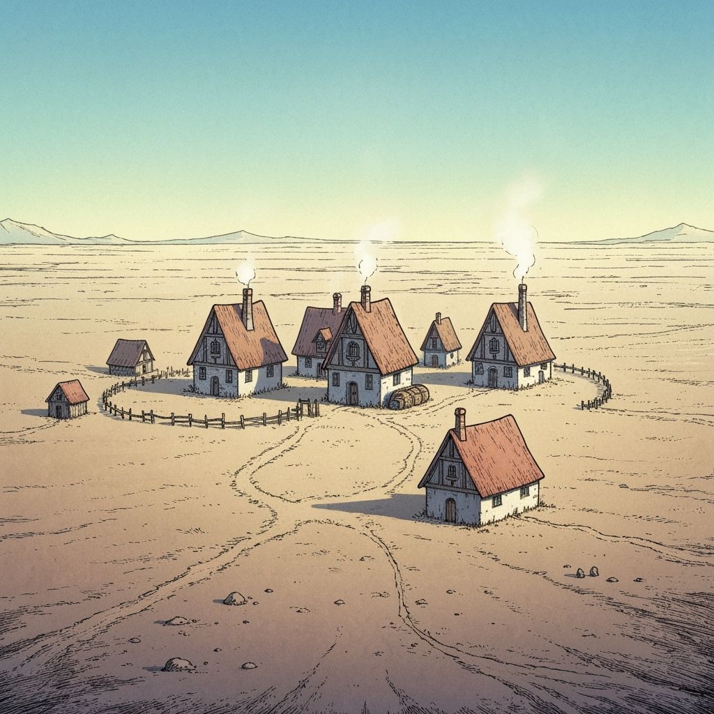 Whimsical Comic Village in Vast Desolate Plain