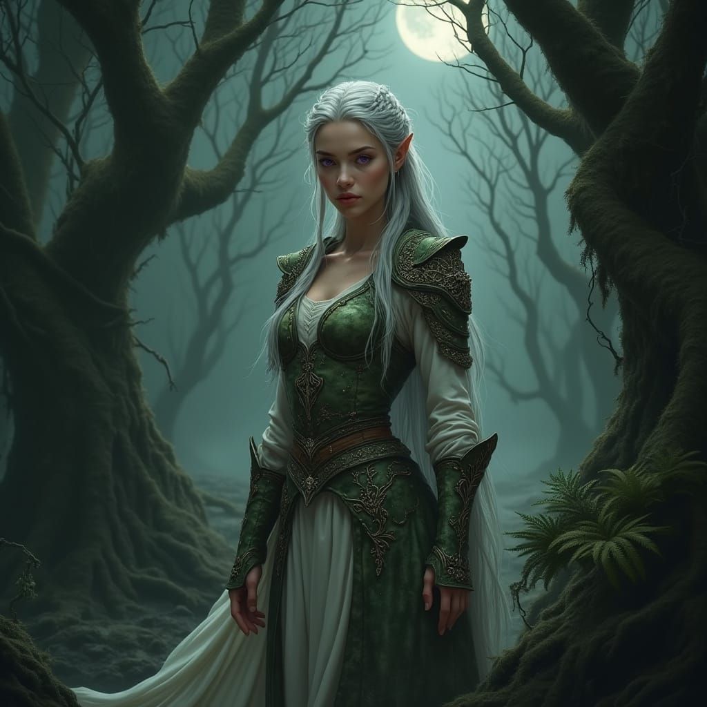Mystical Elven Warrior in Dark Forest Attire