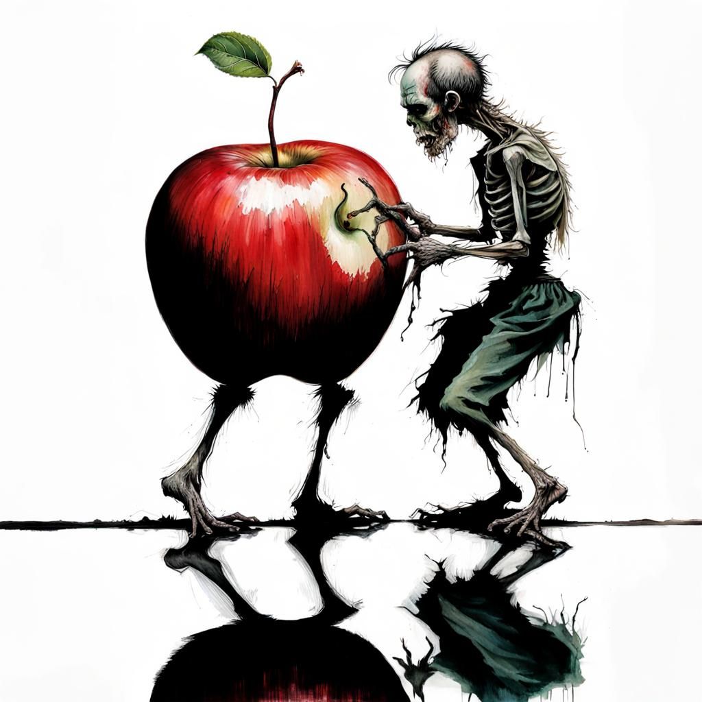 Zombie Apple Mirrored Reflection in Dark Fantasy Style