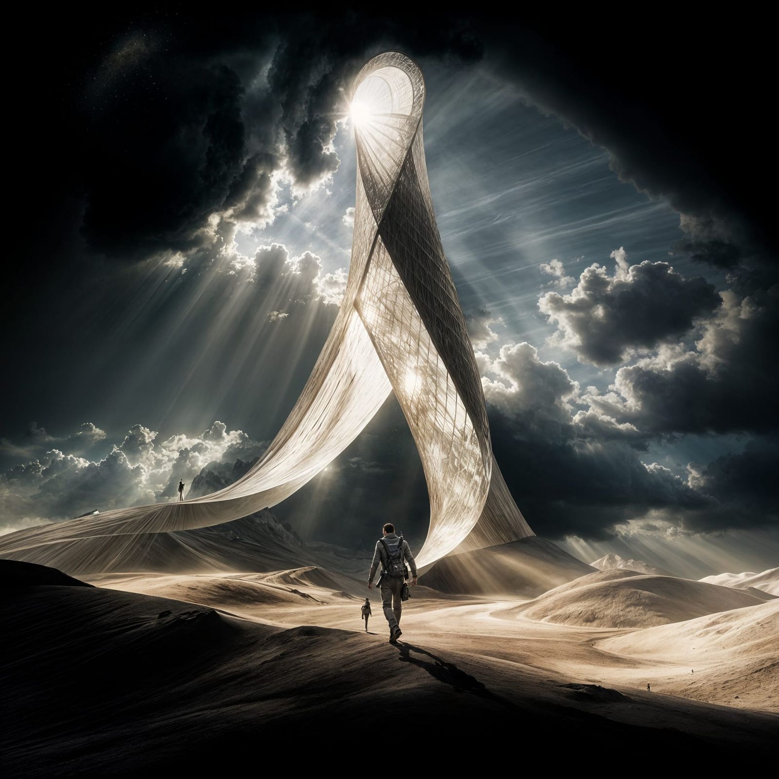 Colossal Being Walks on Metal Arch in Surreal Style