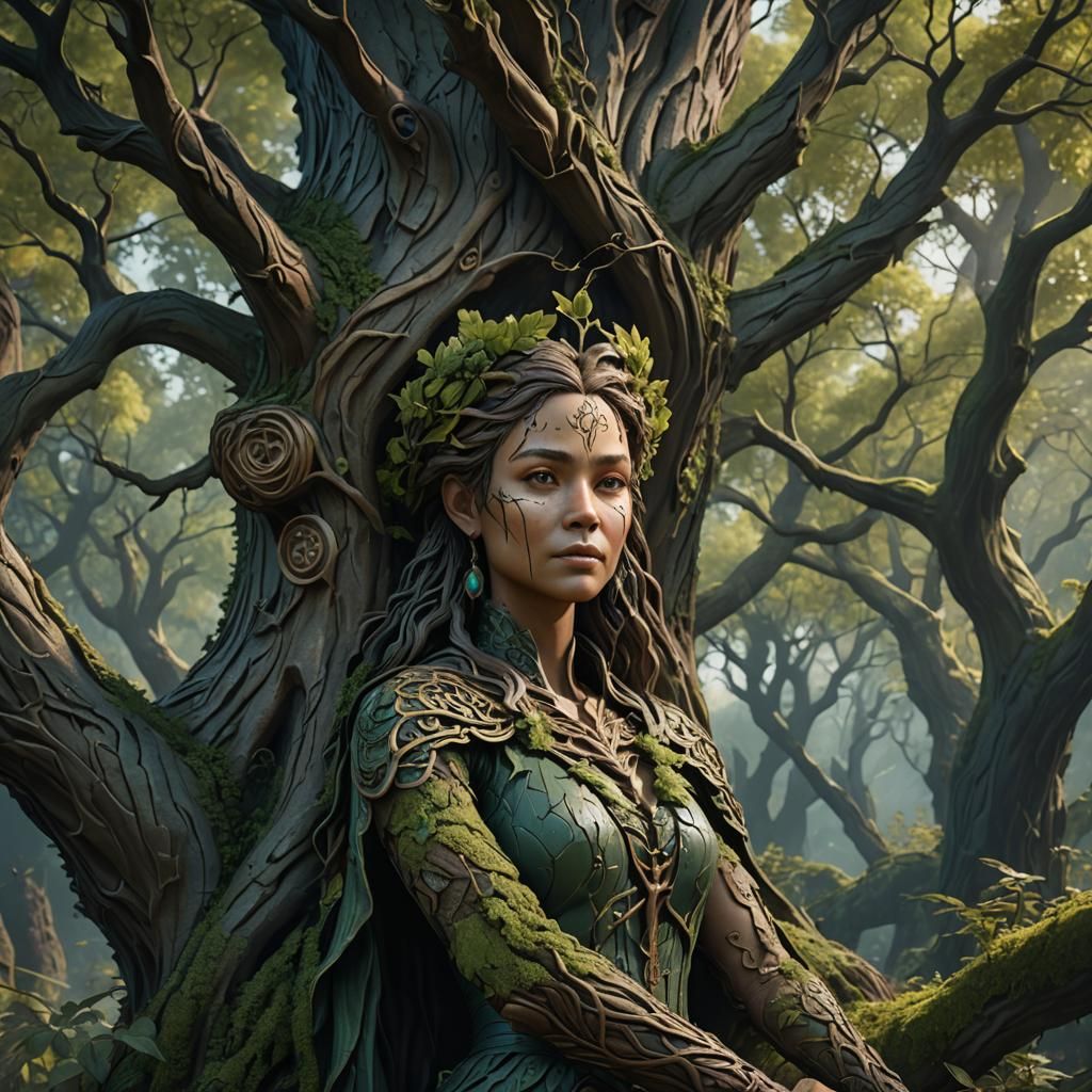 Woodland Woman Tree Carving: Detailed Matte Painting