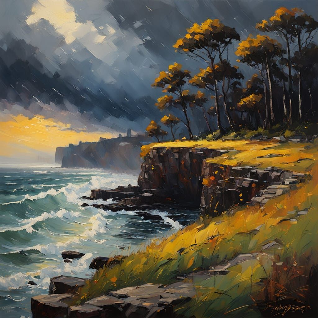 Coastal Cliffside Oil Painting in Stormy Weather