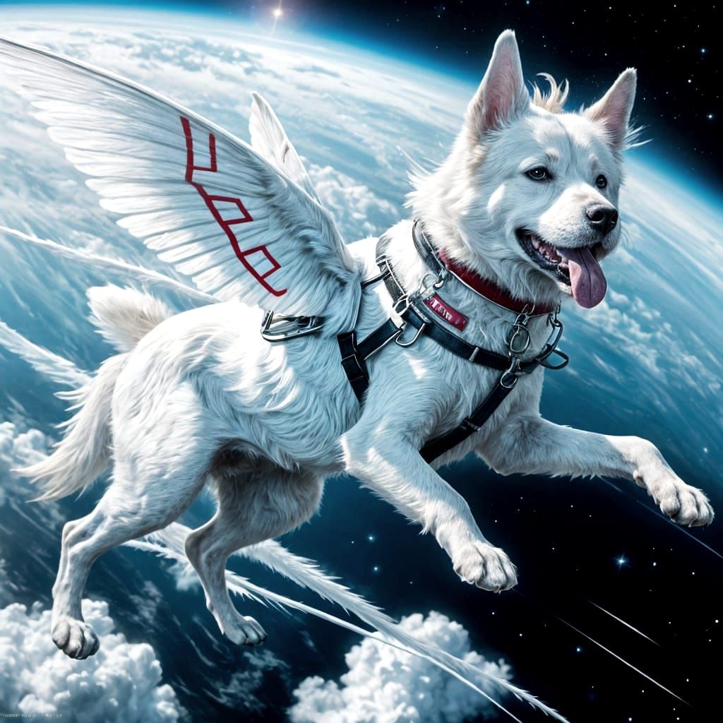 Dog with Moth Wings Flying in Space: Anime Style
