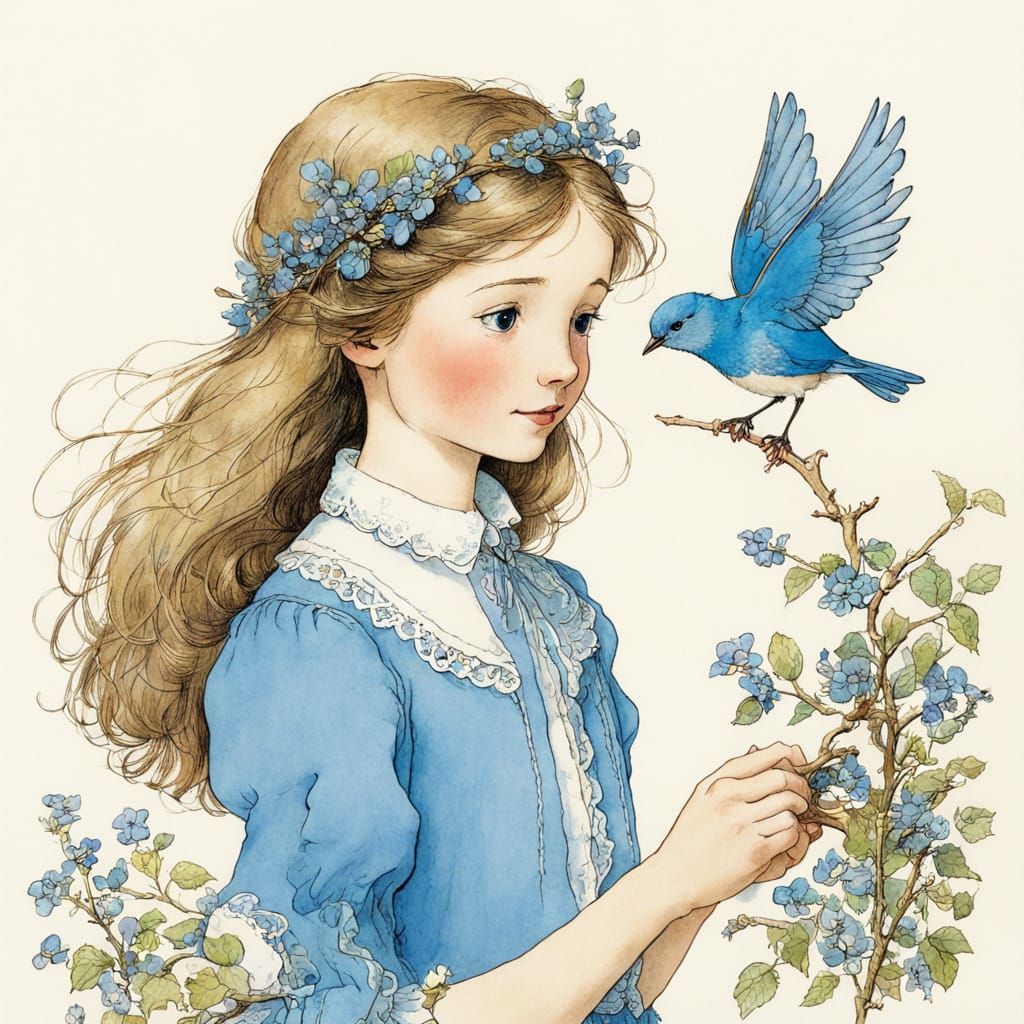 Innocent Girl with Bluebird in Cartoon Style