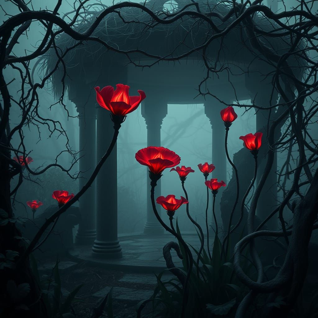 Creepy Overgrown Garden with Red Flowers