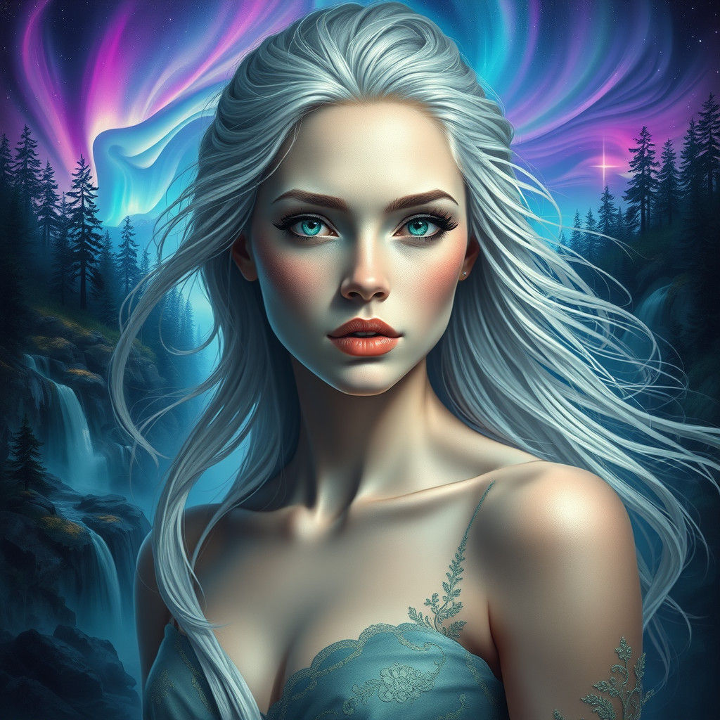 Ethereal Woman with Silver Hair in Dreamlike Landscape