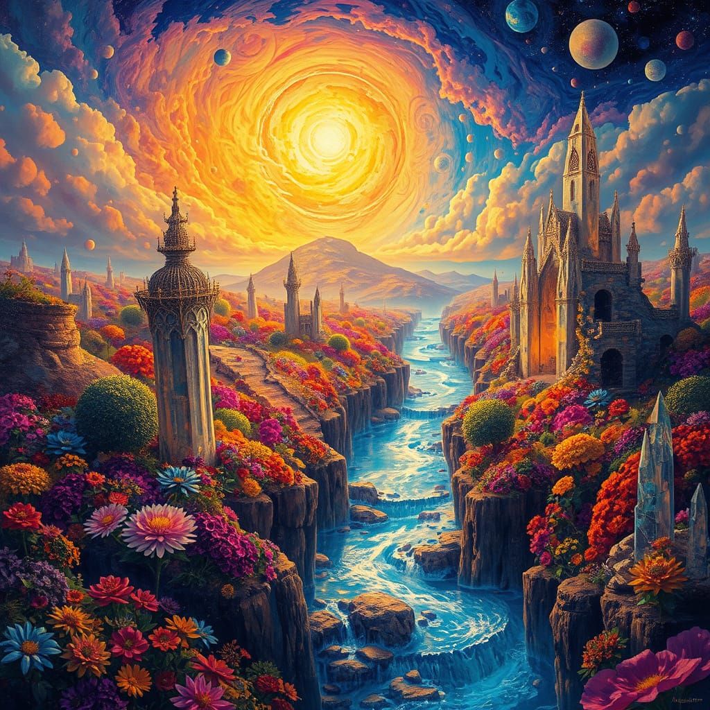 Ethereal Landscape with Celestial River and Dual Suns